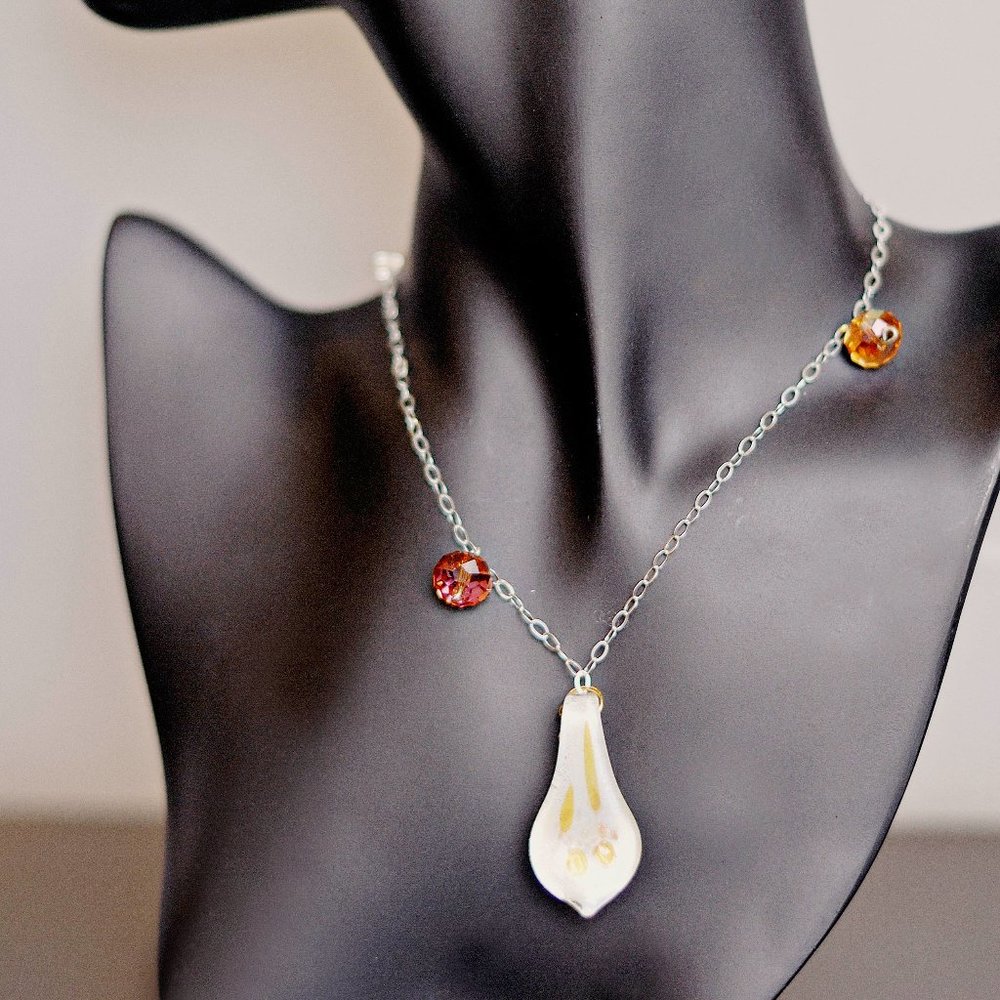 Lost Petal - Amber Swarovski Crystal, Lampworked Glass, Silver Necklace